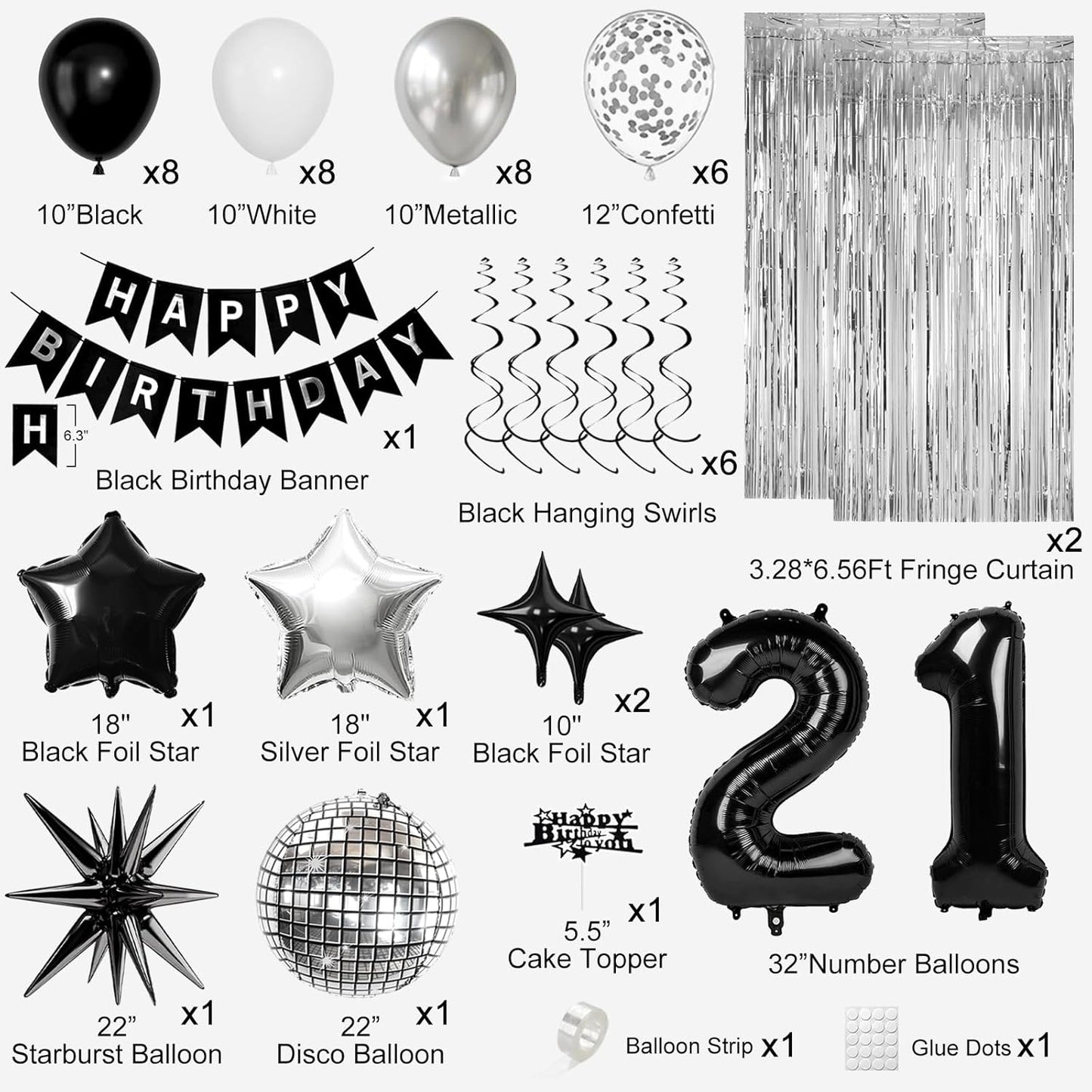 21st Birthday Decorations for Men Women, Black Silver Happy Birthday Party Decorations， 21 Year Old Party Supplies with Number 21 Balloons, Banner, Fringe Curtains Kit