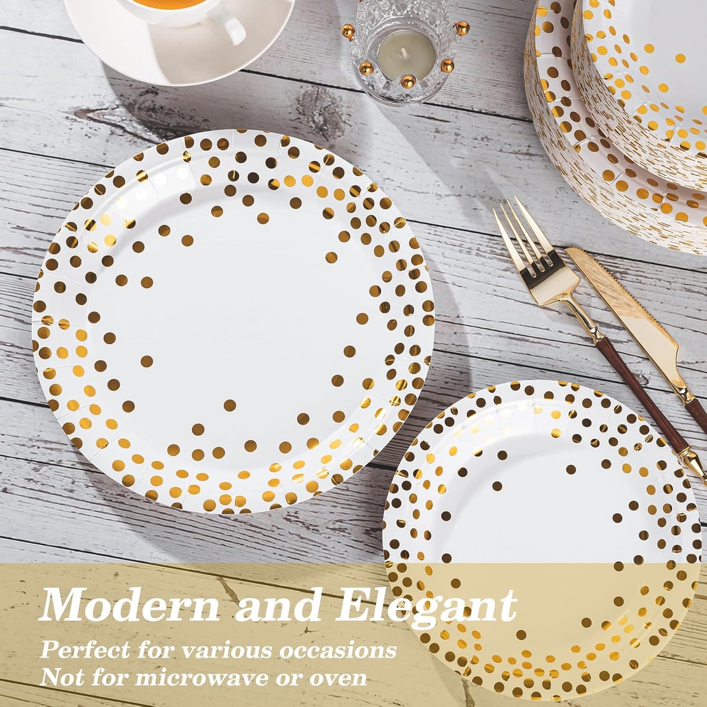 Lullaby 120PCS White Paper Plates, Disposable Gold Paper Plates, 60pcs Dinner Plates 9"，60pcs Dessert Plates 7", Party Plates with Golden Dot for Birthday, Gathering and Graduation