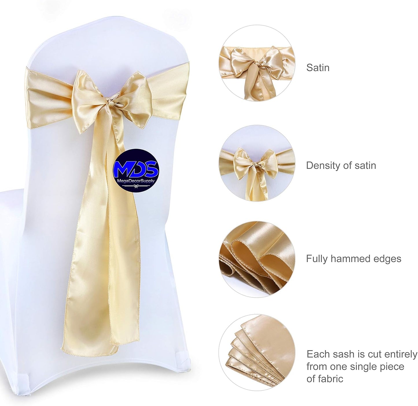 MDS Pack of 300 PCS Satin Chair Sashes Charmeuse Sateen Dining Chair Bows Ribbon Ties Back Sash for Wedding Party Birthday Home Hotel Restaurant Banquet Decoration (7 x 108 Inch, Champagne Gold)