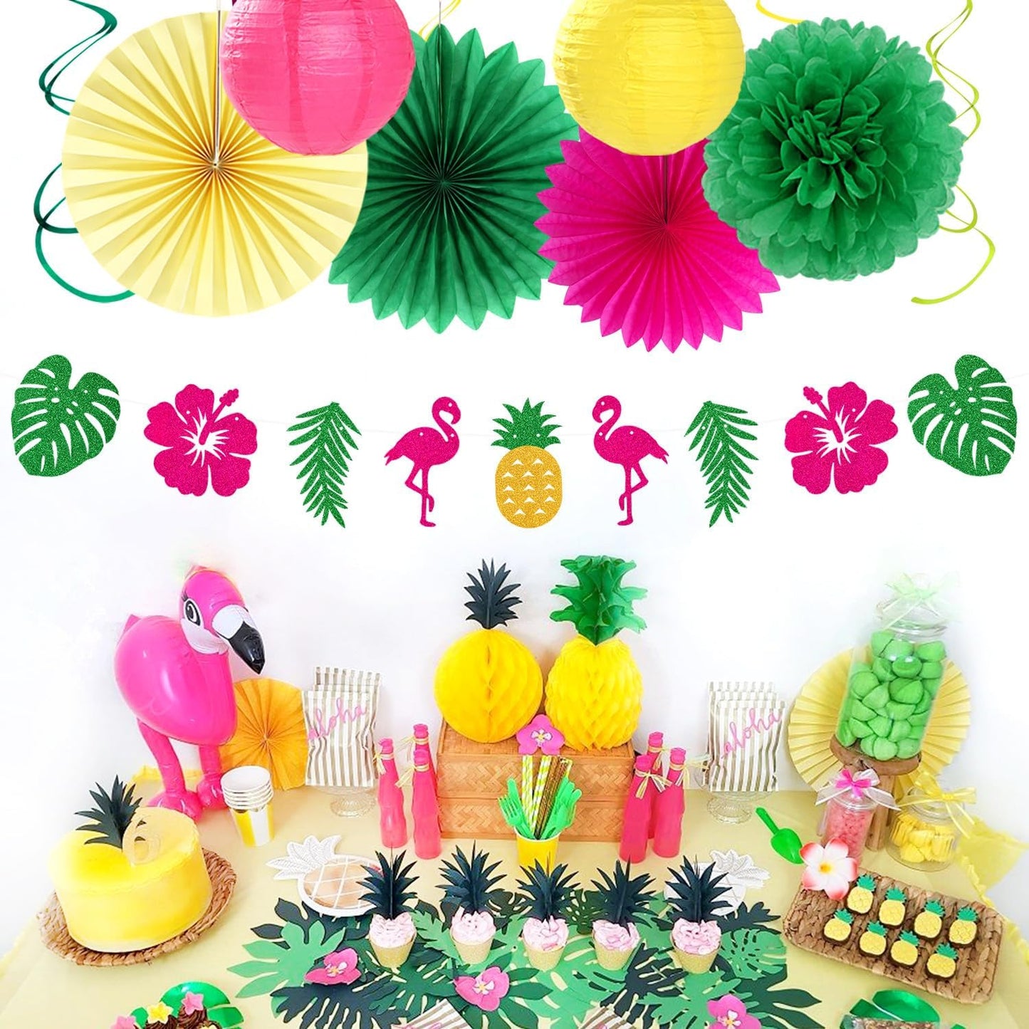 Hawaiian Aloha-Luau Flamingo Party-Decorations Supplies - 21pcs Hello Banner,Pool Paper Lanterns Honeycomb,Beach Theme Streamers Garland,Tissue Pom Poms Flowers Fan,Tropical Summer Tiki Decor Burgleda
