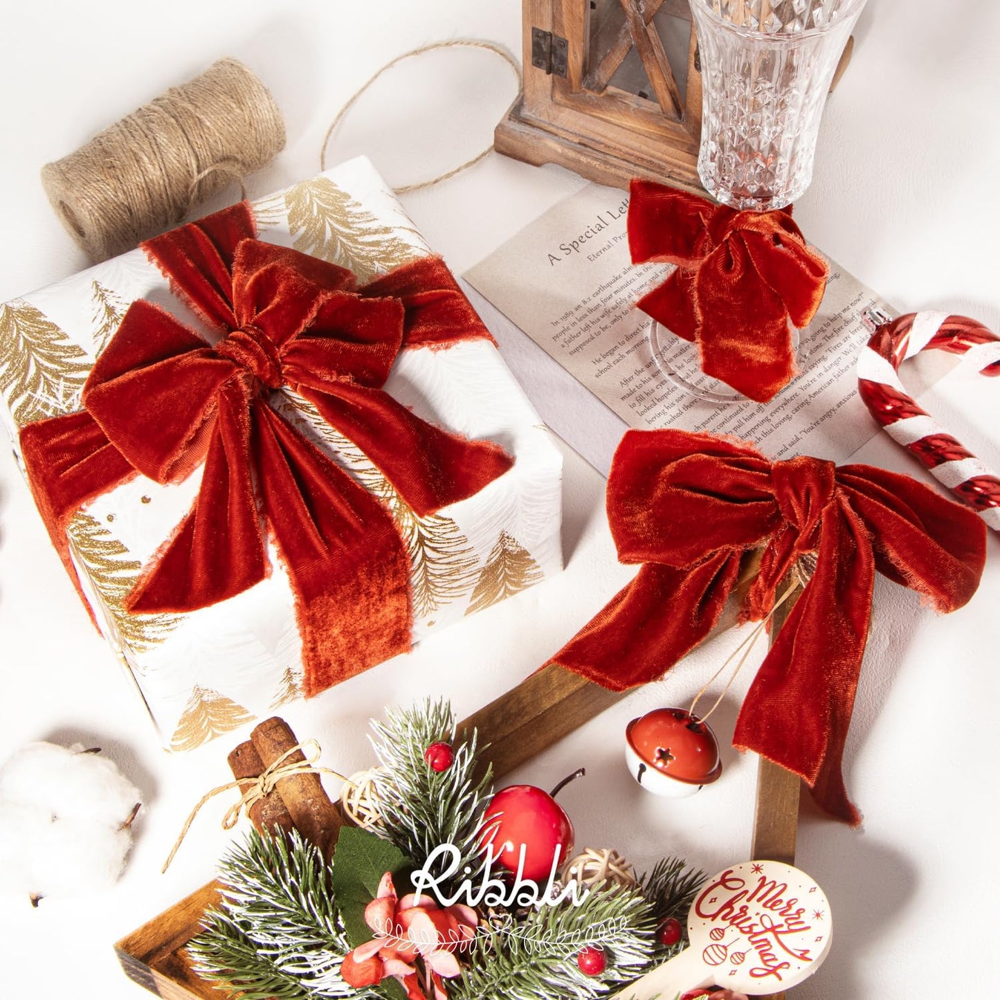 Ribbli Rust Red Velvet Ribbon 1.5 Inch Handmade Frayed Vintage Christmas Ribbon for Gift Wrapping Christmas Tree Ornament Wreath Craft Home Decor -Total 3 Yards with Wooden Spool