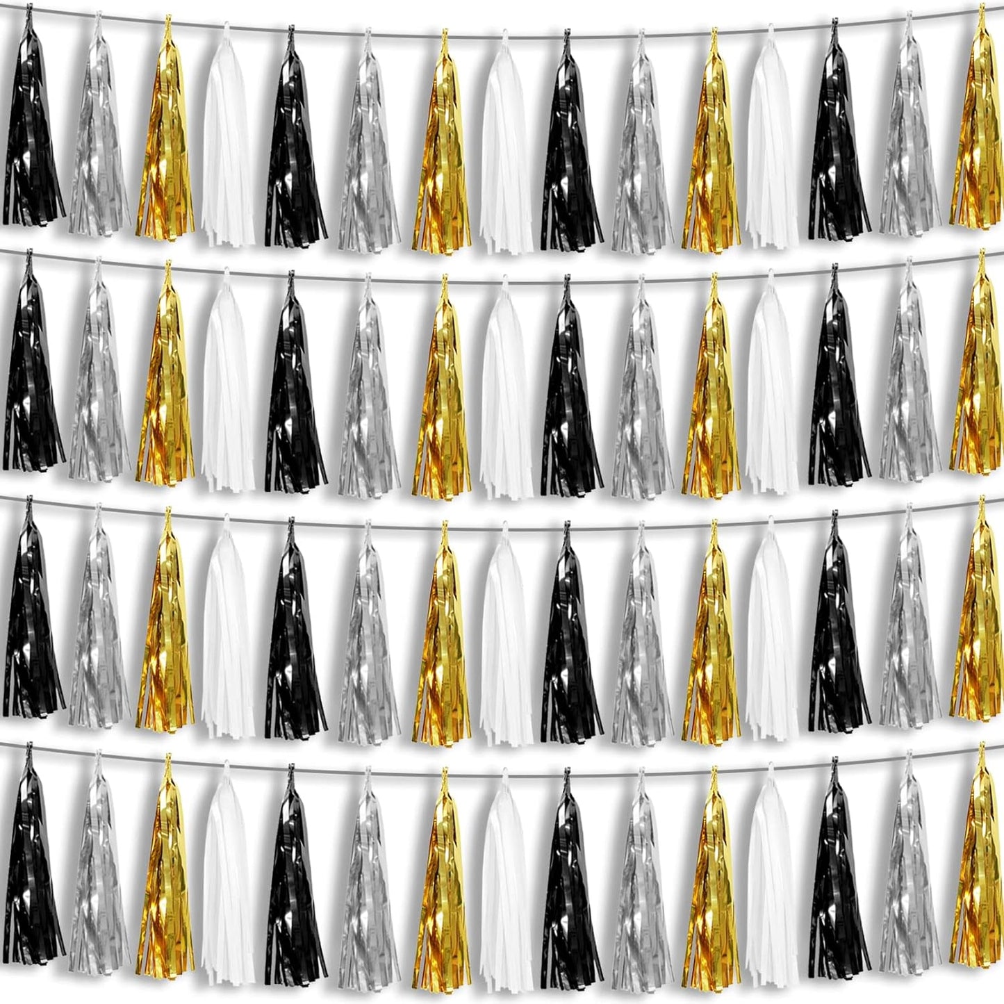 4P Black Gold Silver Foil Fringe Metallic Tassel Garland, Tassels Banner Streamers for Parade Floats, Bachelorette, Wedding, Birthday, Halloween, Christmas, Bridal/Baby Shower Party Decorations