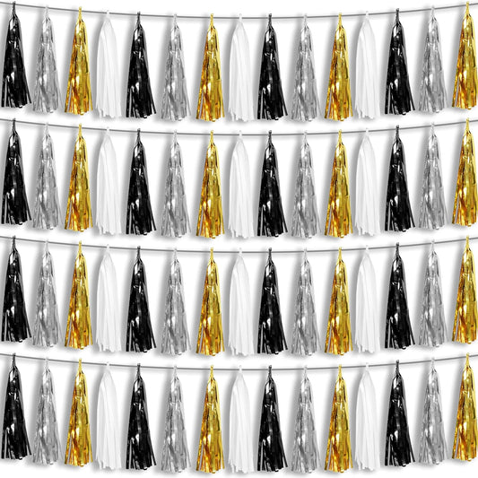 4P Black Gold Silver Foil Fringe Metallic Tassel Garland, Tassels Banner Streamers for Parade Floats, Bachelorette, Wedding, Birthday, Halloween, Christmas, Bridal/Baby Shower Party Decorations