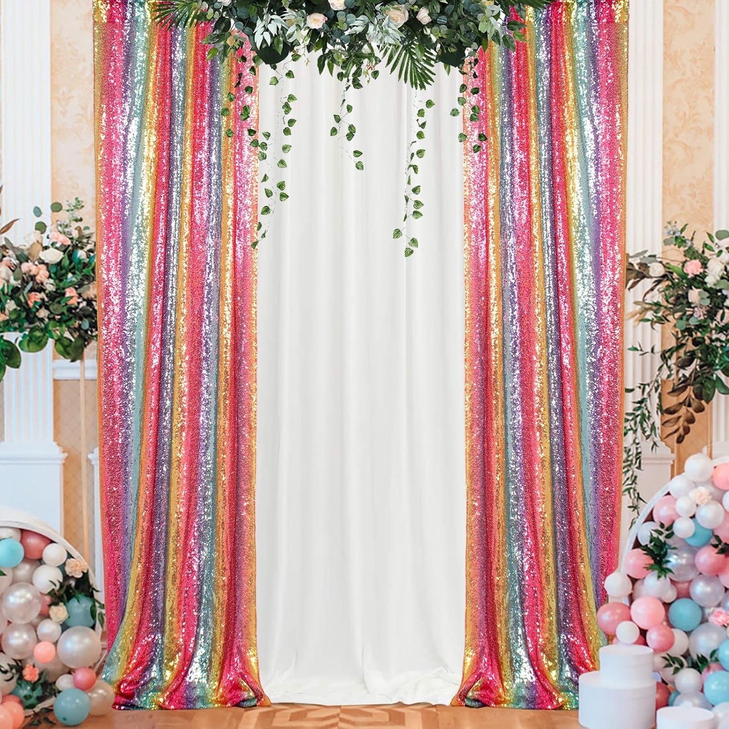 ShinyBeauty 4x10ft Rainbow Sequin Photo Backdrop - Glitter Wall Decor for Wedding, Birthday, Baby Shower - Reusable & Lightweight