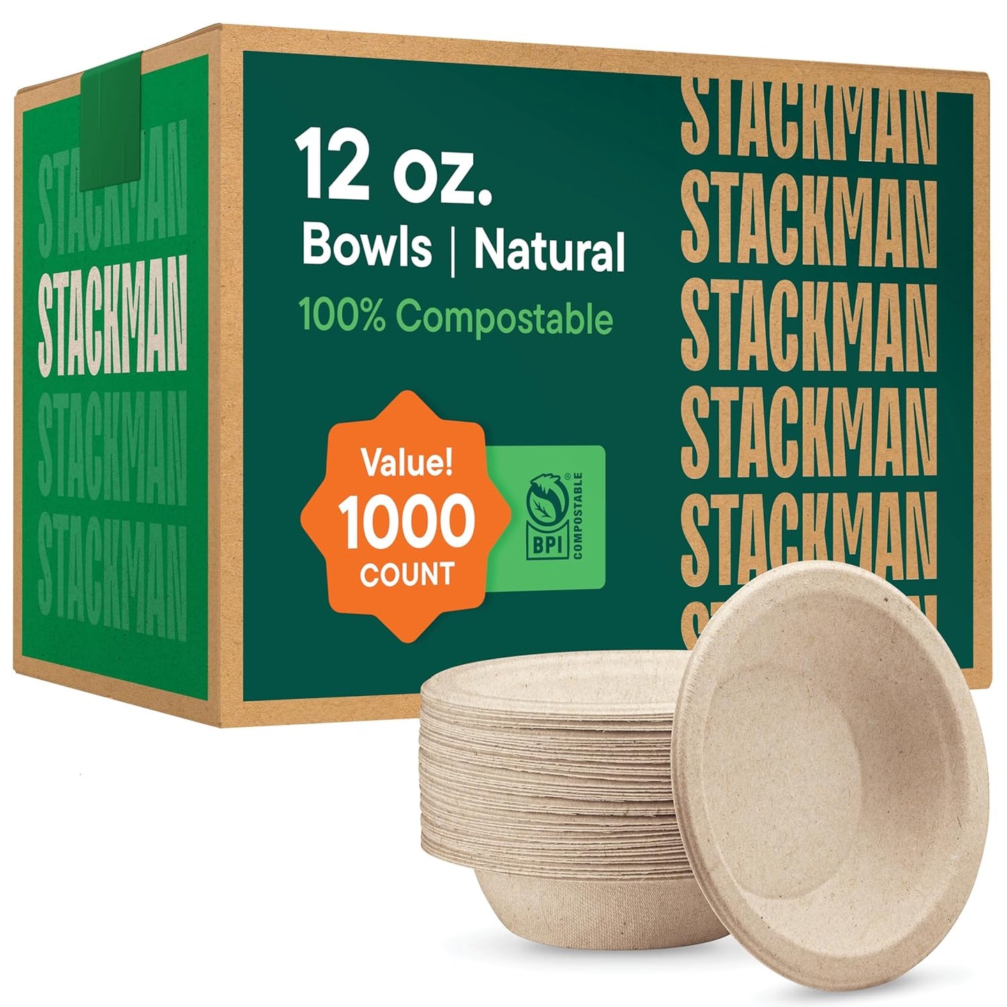 100% Compostable Paper Bowls 12 oz. [1000 Count] Heavy-Duty Soup Bowls - Natural Brown Color Unbleached Bagasse Bowls - Eco-Friendly Disposable Biodegradable Sugarcane - [Bulk Case 8/125 Pack]