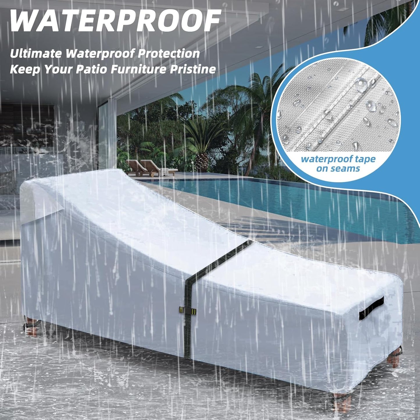 Patio Chaise Lounge Cover with Handles, Outdoor Lounge Chair Cover Waterproof UV Resistant, Patio Furniture Covers with Air Vent (84L x 32W x 32H) inch