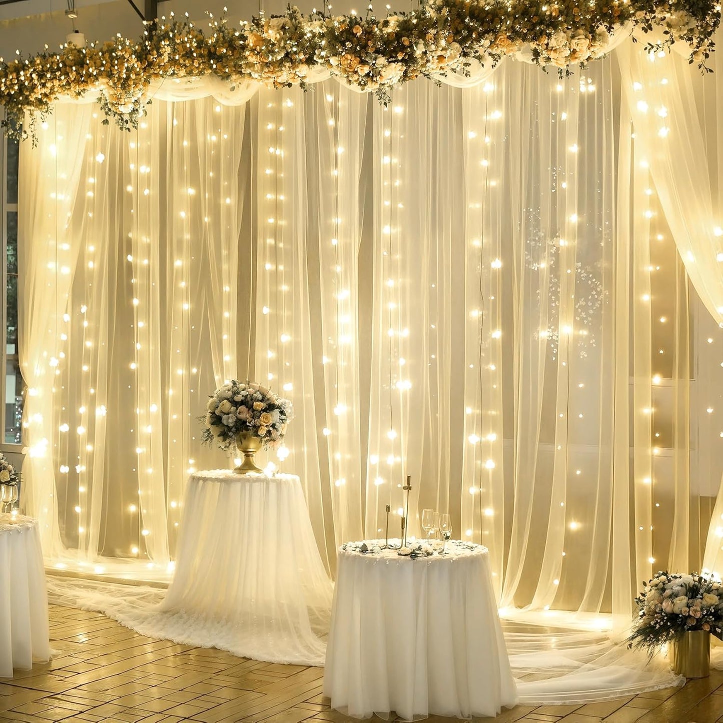 Champagne Tulle Photo Backdrop Curtain with Lights String for Parties Wedding Bridal Shower Sheer Champagne Curtain Backdrop for Birthday Baby Shower Photo Booth Photography 10ft x 8ft