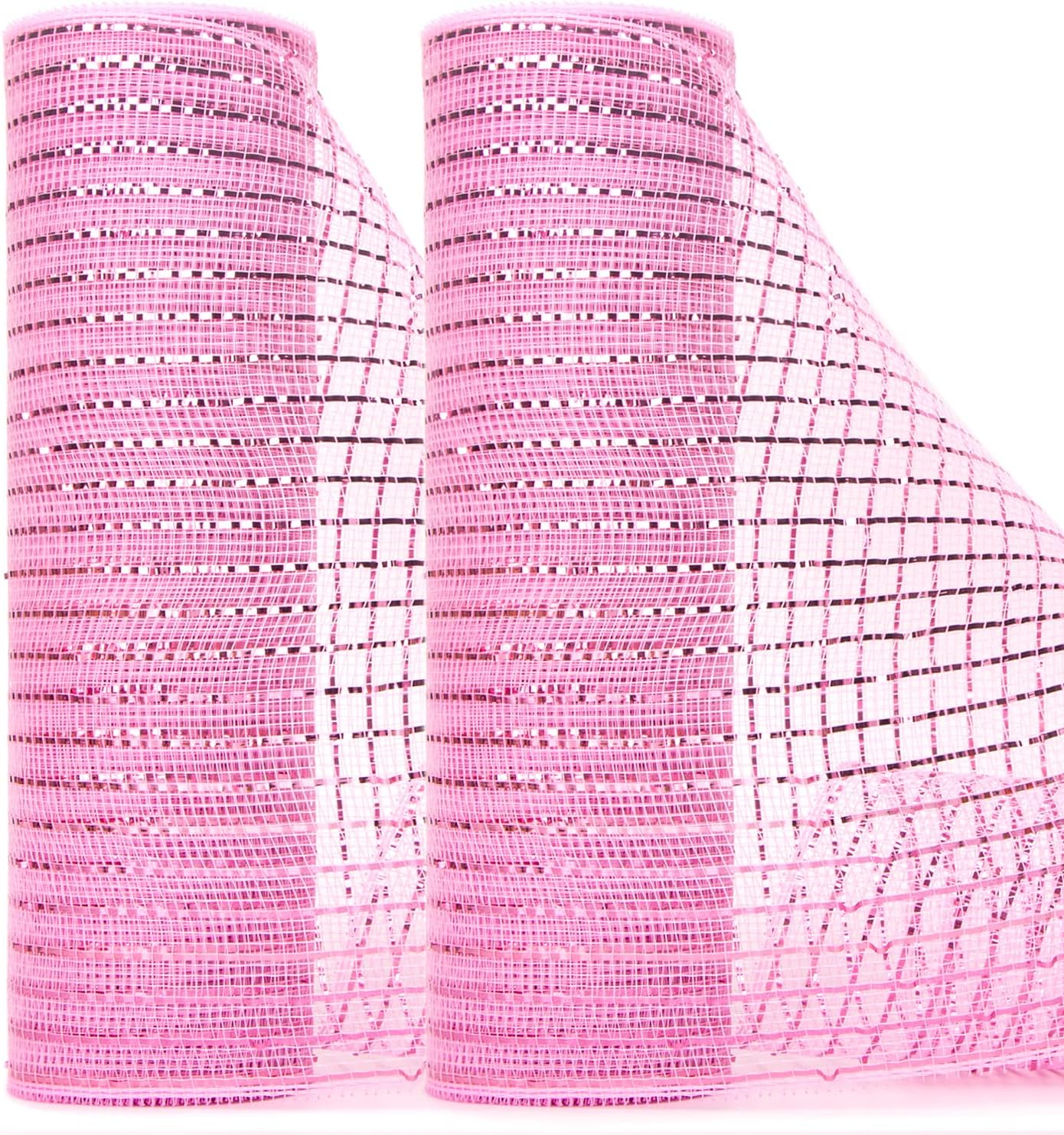 Ribbli 2 Rolls Light Pink Mesh Ribbon,10 inch x 30 feet(10Yard) Each Roll,Metallic Light Pink with Pink Wide Foil,Use for Wreaths Swags,Valentine’s Day and Christmas Decoration