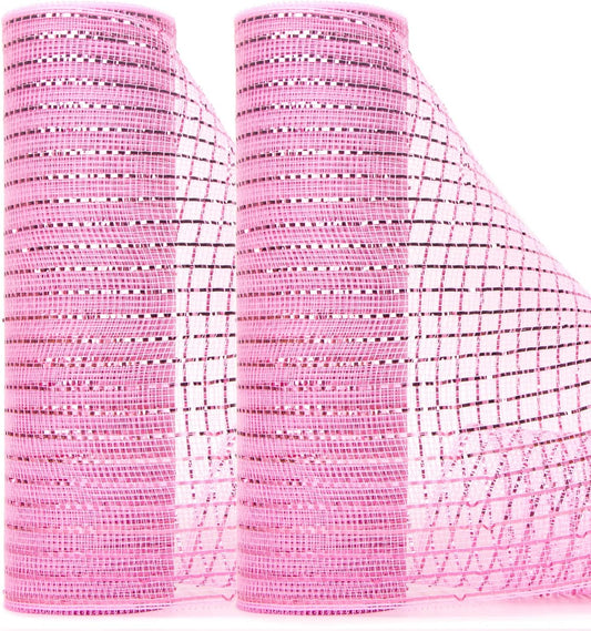 Ribbli 2 Rolls Light Pink Mesh Ribbon,10 inch x 30 feet(10Yard) Each Roll,Metallic Light Pink with Pink Wide Foil,Use for Wreaths Swags,Valentine’s Day and Christmas Decoration
