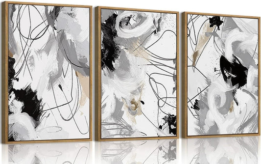 myusuar 3 Piece Large Modern Abstract Canvas Framed Wall Art For Living Room, Black And White Lines Minimalist Wall Art Decor Posters Prints For Bedroom Office, 24x36in