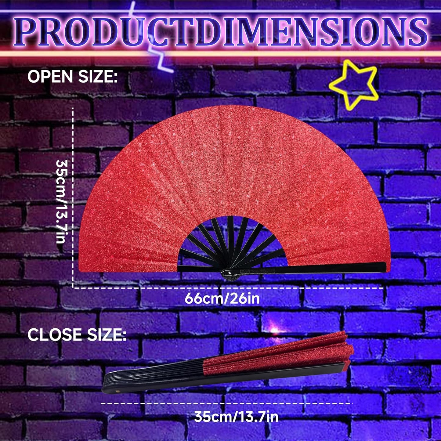 Glitter Large Fans Red Fans for Line Dancing Boots on The Ground Fan Shiny Popping Clacking Fan Hand Fans for Women Foldable Rave Accessories for Festival, Party, Club, Dance