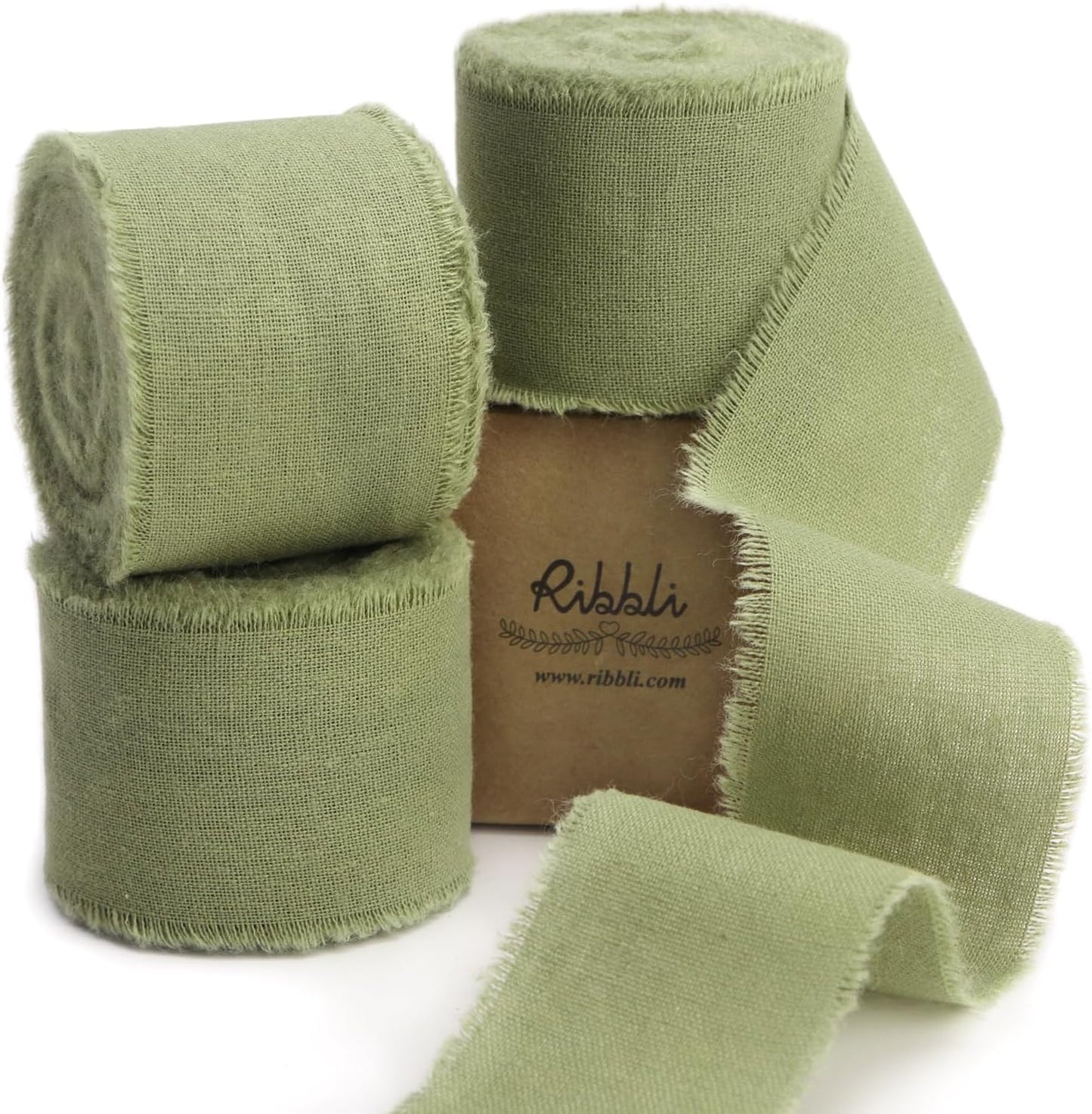 Ribbli 3 Rolls Sage Green Ribbon 1.5 Inch x 18Yards Handmade Cotton Frayed Fringe Ribbons for Gift Wrapping Wedding Invites Bridal Bouquets Baby Shower DIY Crafts Home Decor
