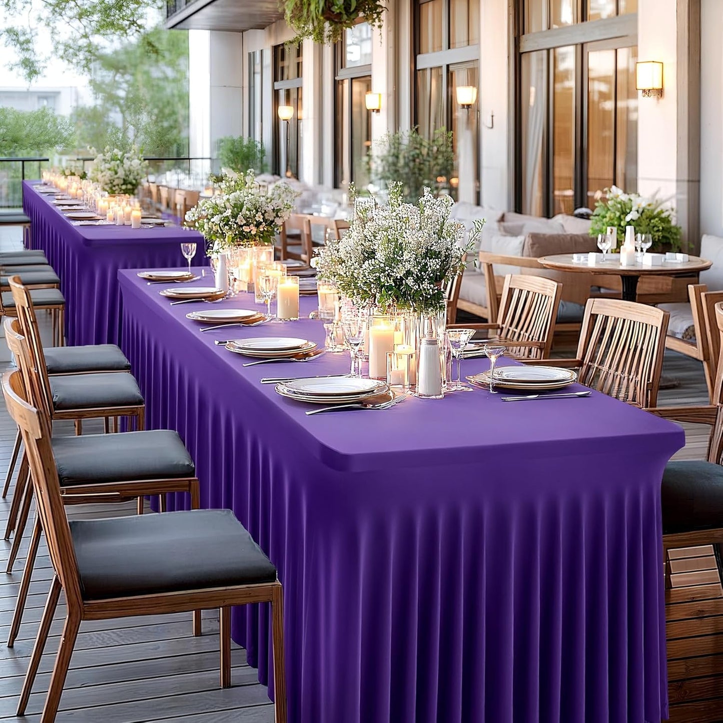 6 Pack Dark Purple Spandex Table Clothes for 8 Foot Rectangle Tables, 8FT Wrinkle Free Fitted Tablecloths Ruffles Design Table Cover for Party, Banquet, Wedding and Events