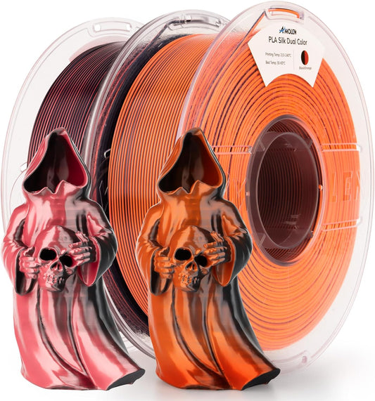 AMOLEN Silk PLA 3D Printer Filament Bundle 2KG, Dual Color PLA 1.75mm Pack, Shiny Color Change 3D Printing PLA Filament for Most FDM 3D Printer, Black Orange & Black Pink, 1KG X 2 Spools