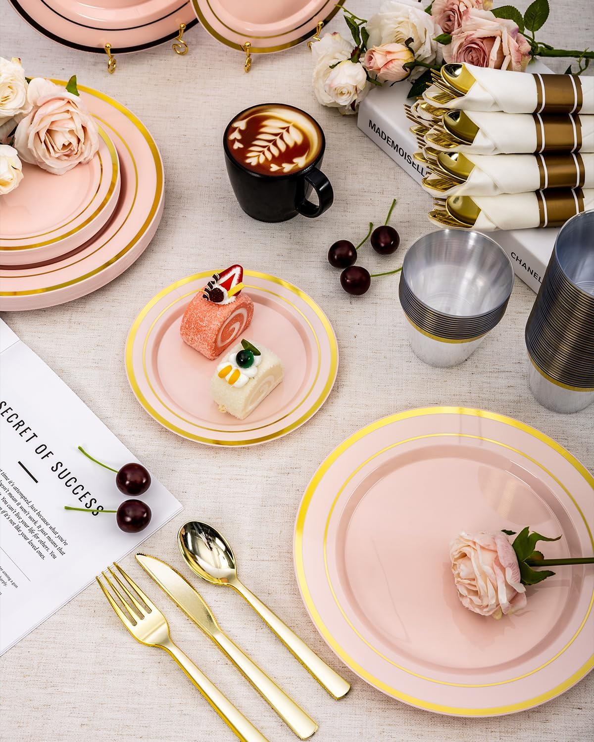 350PCS Pink Plastic Dinnerware Set, Disposable Party Plates for 50 Guests, Include: 100 Pink and Gold Plastic Plates, 50 Pre Rolled Napkins with Gold Silverware, 50 Cups for Wedding, Christmas