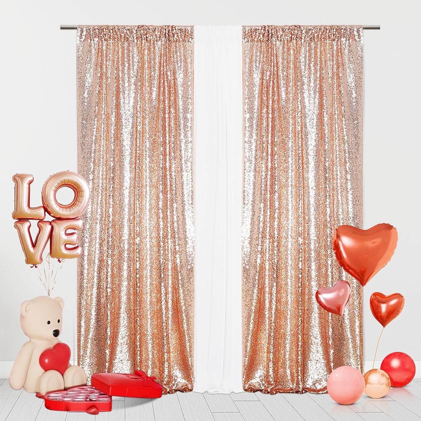 Sequin Backdrop Curtain Eternal Beauty Valentine's Day Glitter Panel Background for Wedding Party Decor (2 Packs, W3 x H7FT,Rose Gold)