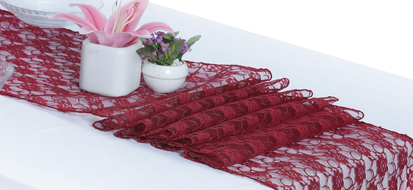 MDS Pack of 25 Wedding 12 x 108 inches Lace Table Runner for Wedding, Decorations for Birthday Parties, Banquets, Graduations, Engagements, and Runners fit Rectangle, Round Table- Maroon