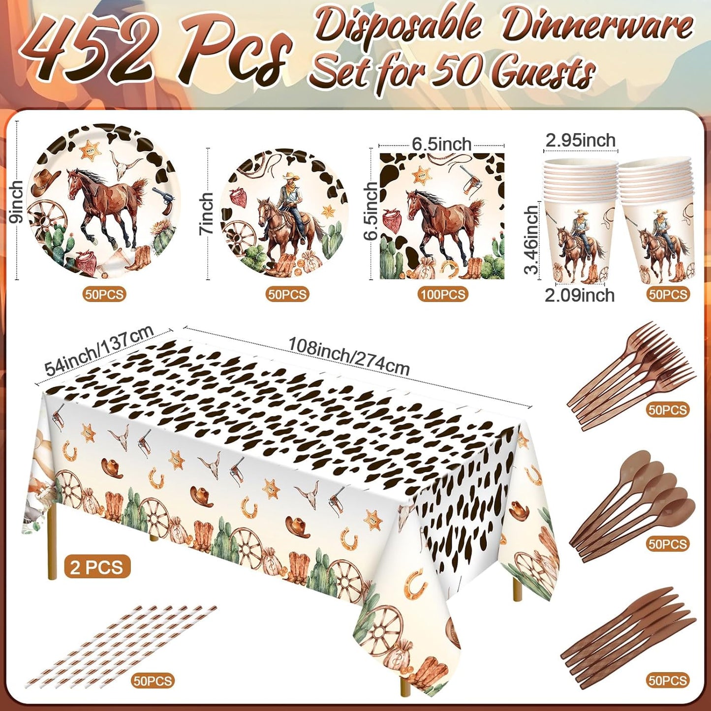 452 Pcs Western Birthday Party Decorations for 50, Western Cowboy Paper Plates Cups Napkins Tablecloth Cutlery Straws Cowboy Tableware for Wild West Horse Rodeo Birthday Party Supplies