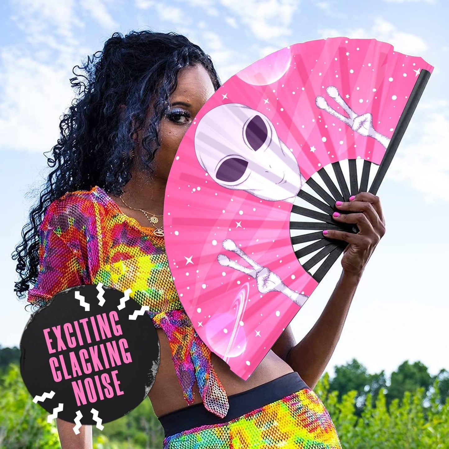 GloFX Rave Fan - Pink Alien - Large Folding Fan -Large Folding Fan for Rave Essentials, Festival Fans, and Alien Accessories - Hand Held Fan for Festival Outfits & EDM Vibes