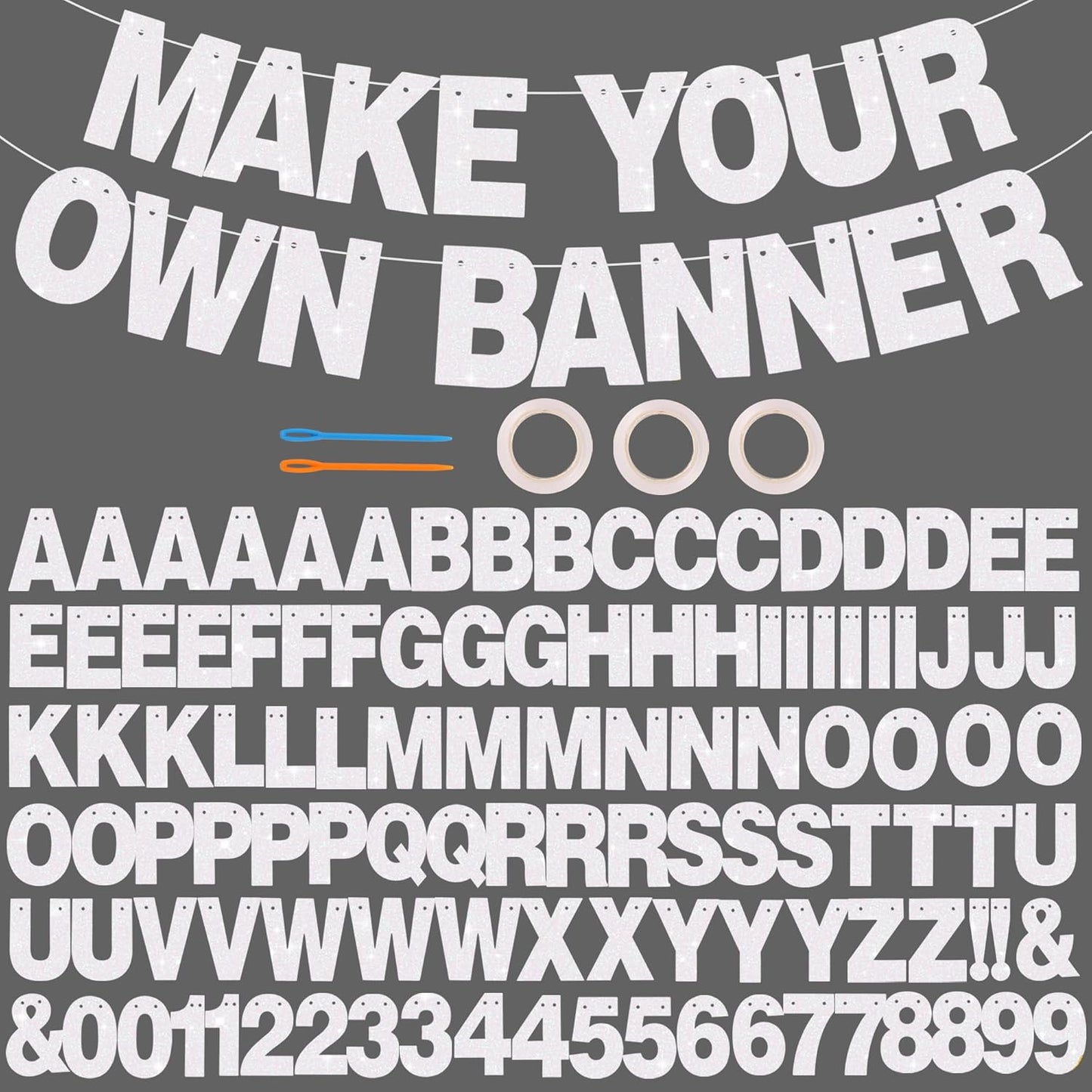 BEISHIDA 116 PCS Glitter Color White DIY Letter Banner Kit Make Your Own Banner，Including 111 Letters and Numbers 3 Rope and 3 Threading Device,Customized for Birthday Graduation Wedding Party Decor
