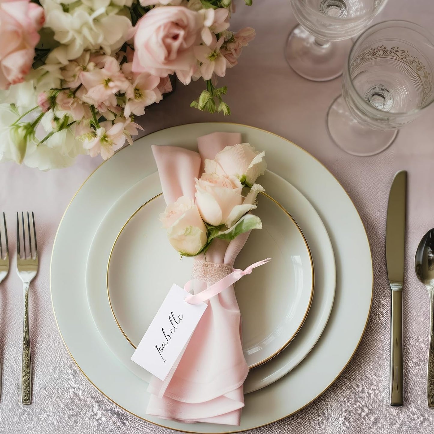 50 Pcs Name Place Cards for Table Setting Blank Wedding Place Cards with Satin Ribbon 1.57 x 3.54 Inch Hanging Gift Tags for Wedding Dinner Banquet Party Table Setting Supplies(Pink)