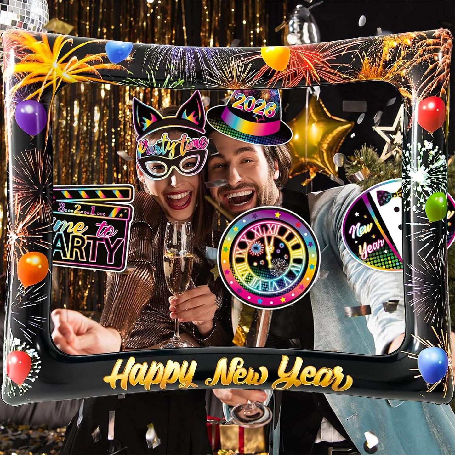 2026 New Year Photo Booth Inflatable Frame Kit, 30Pcs Fluorescent Color New Years Photo Booth Props with Inflatable Picture Frame for New Year Eve Party Selfie Props Supplies
