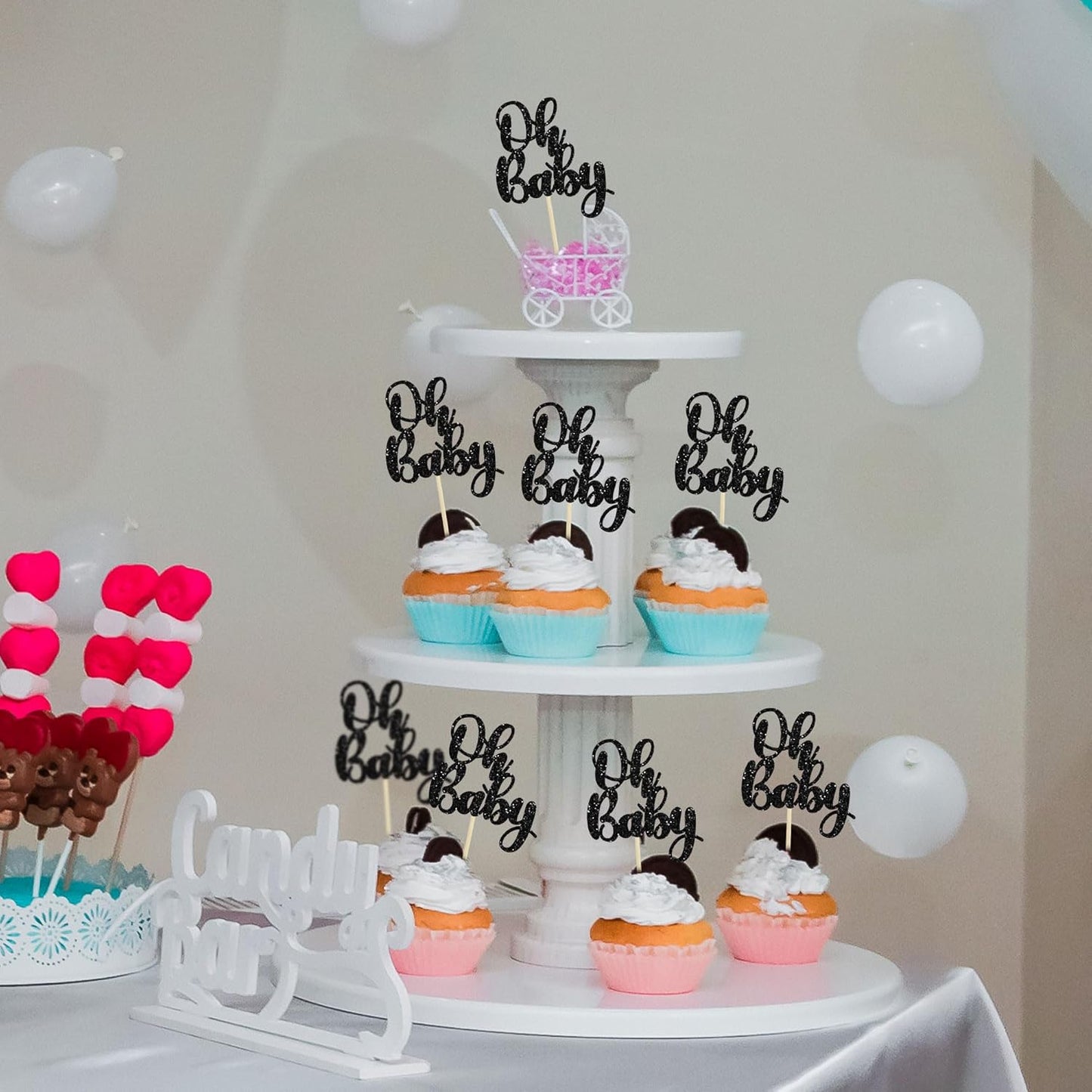 Gyufise 36Pcs Oh Baby Cupcake Toppers Glitter Baby Shower Cupcake Picks Oh Baby Cake Decorations for Gender Reveal Baby Shower Kids Boys Girls Birthday Party Supplies Black