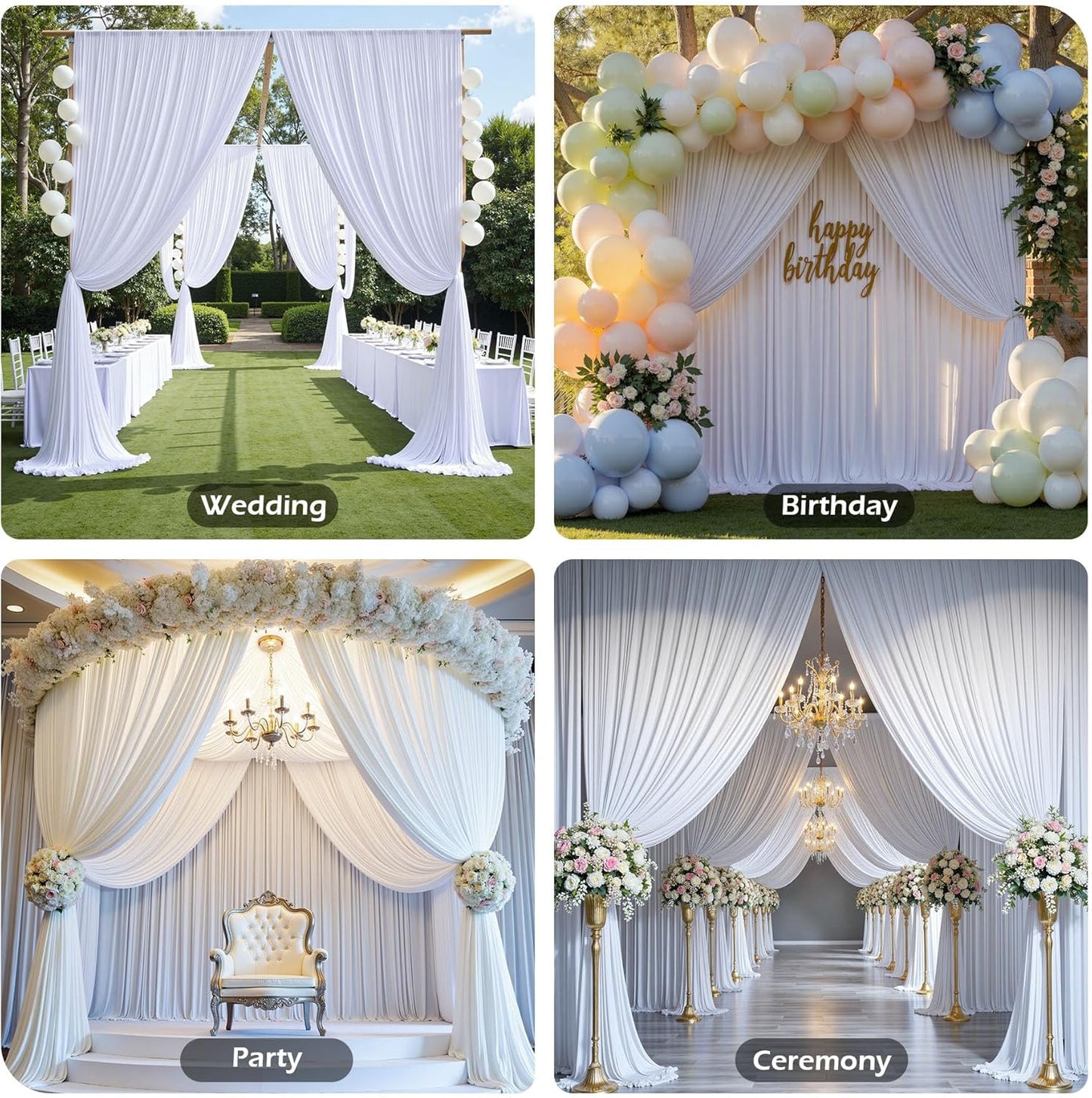 PartyVillage 10ft×15ft White Backdrop Curtain for Wedding Parties, 2 Panels Wrinkle Free 15 FT Long Polyester Photo Backdrop Drapes Back Drop Cloth for Birthday Photography Background