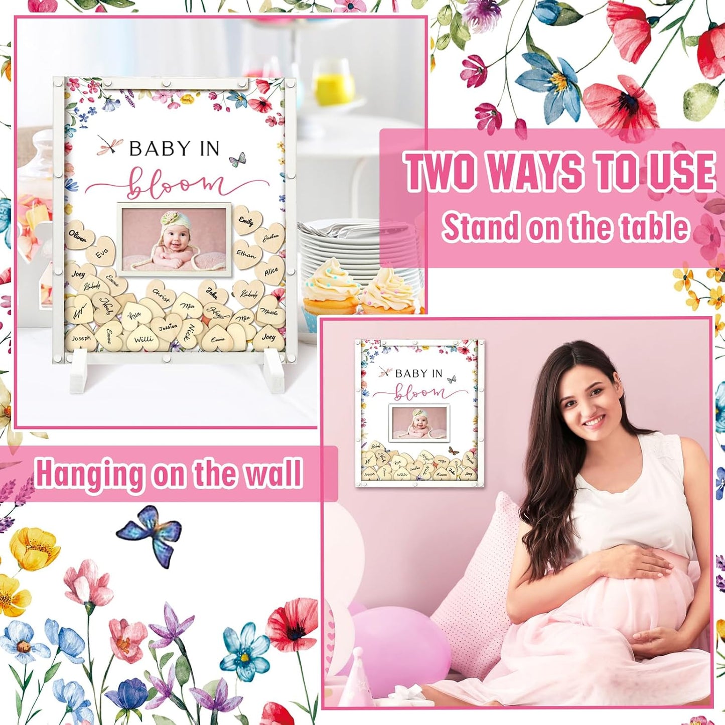 65 Pcs Wildflower Baby Shower Guest Book Alternatives He or She Gender Reveal Baby Shower Decorations Sign in Guest Book with Picture Frame and 60 Wooden Chip