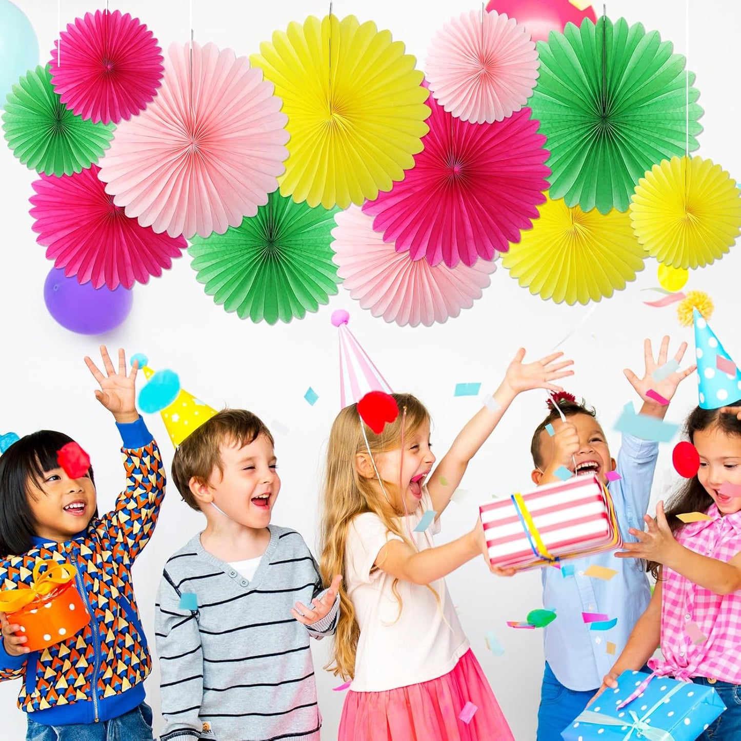 24 Pcs Colorful Paper Fans Party Hanging Decorations Rainbow Classroom Wall Decor Pink Green Rose Red Yellow Background Ceiling Decor for Birthday Wedding Baby Bridal Shower Engagement