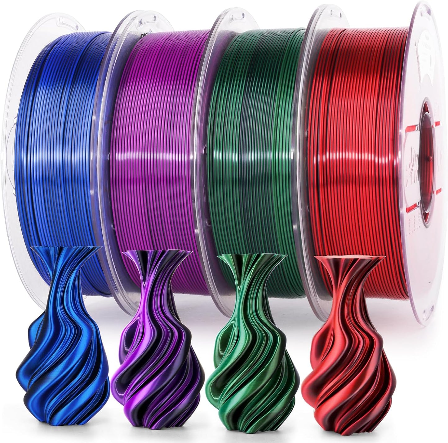 AMOLEN Silk PLA 3D Printer Filament 4KG Bundle, Shiny Dual Color PLA Filament 1.75mm Pack, Multicolor Change PLA 3D Printing Filament for Most FDM 3D Printer, Black Series