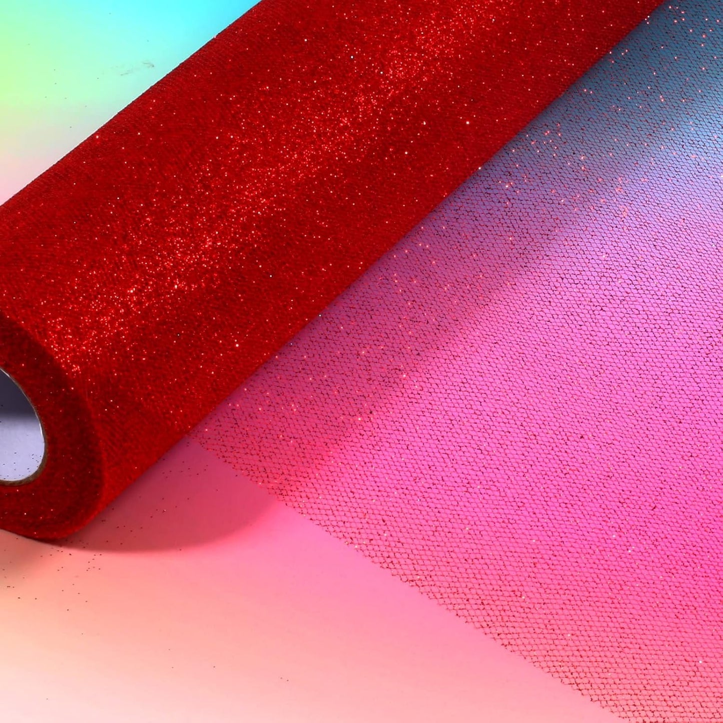 Sparkling Tulle Rolls, 15” by 30 Yards (90FT) Glitter Tulle Spool Ribbon Fabric for Wedding Birthday Bridal Shower Tutu Skirt Party Gift Wrapping (Red)