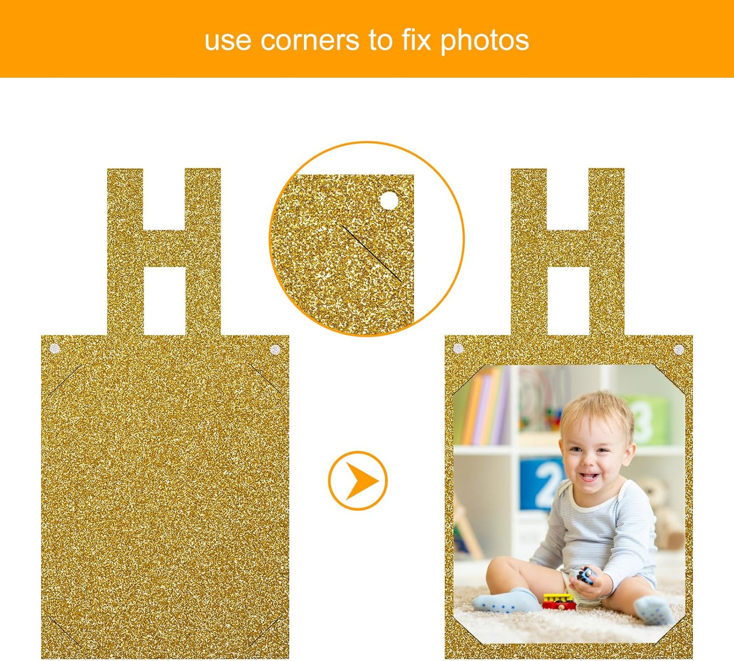 Birthday Photo Banner with 2 Strings of Fairy Lights for Children and Adult Birthday Party Decorations, Annual Milestone Happy Birthday Banner (Gold)