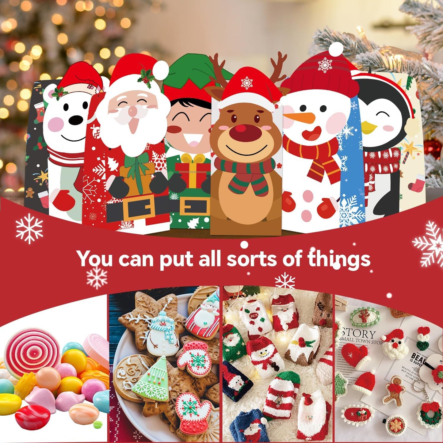 24PCS Christmas Treat Bags, 24PCS Christmas Stickers, Xmas Cookies Wrapping Gift for Classrooms Holiday Party Supplies