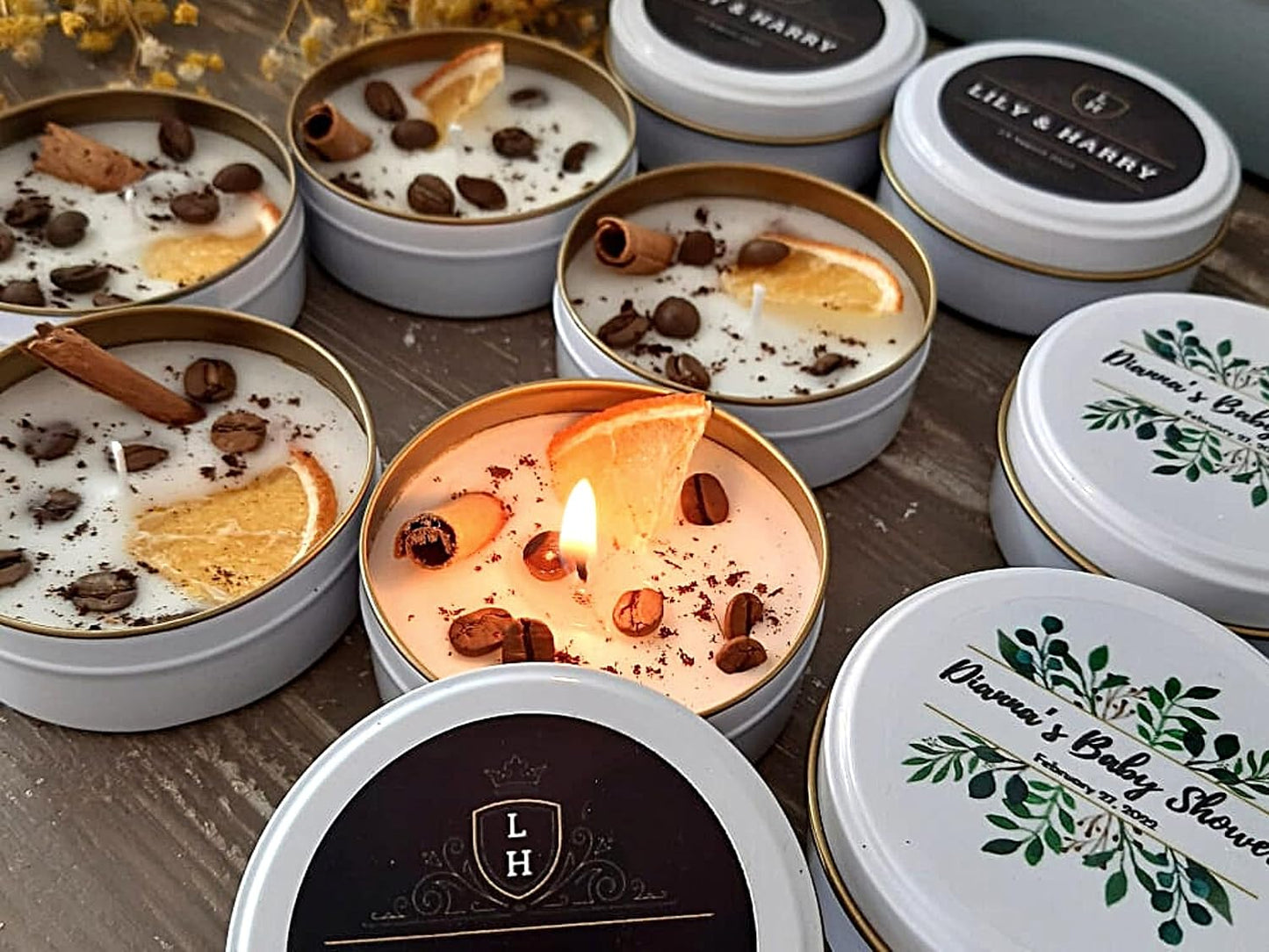 Coffee Scented Soy Wax Candle Favors with Hand-Placed Orange and Cinnamon Stick - Handmade Gift Set for Wedding Guest - Bridal Shower Baby Shower Birthday (90 Pieces)