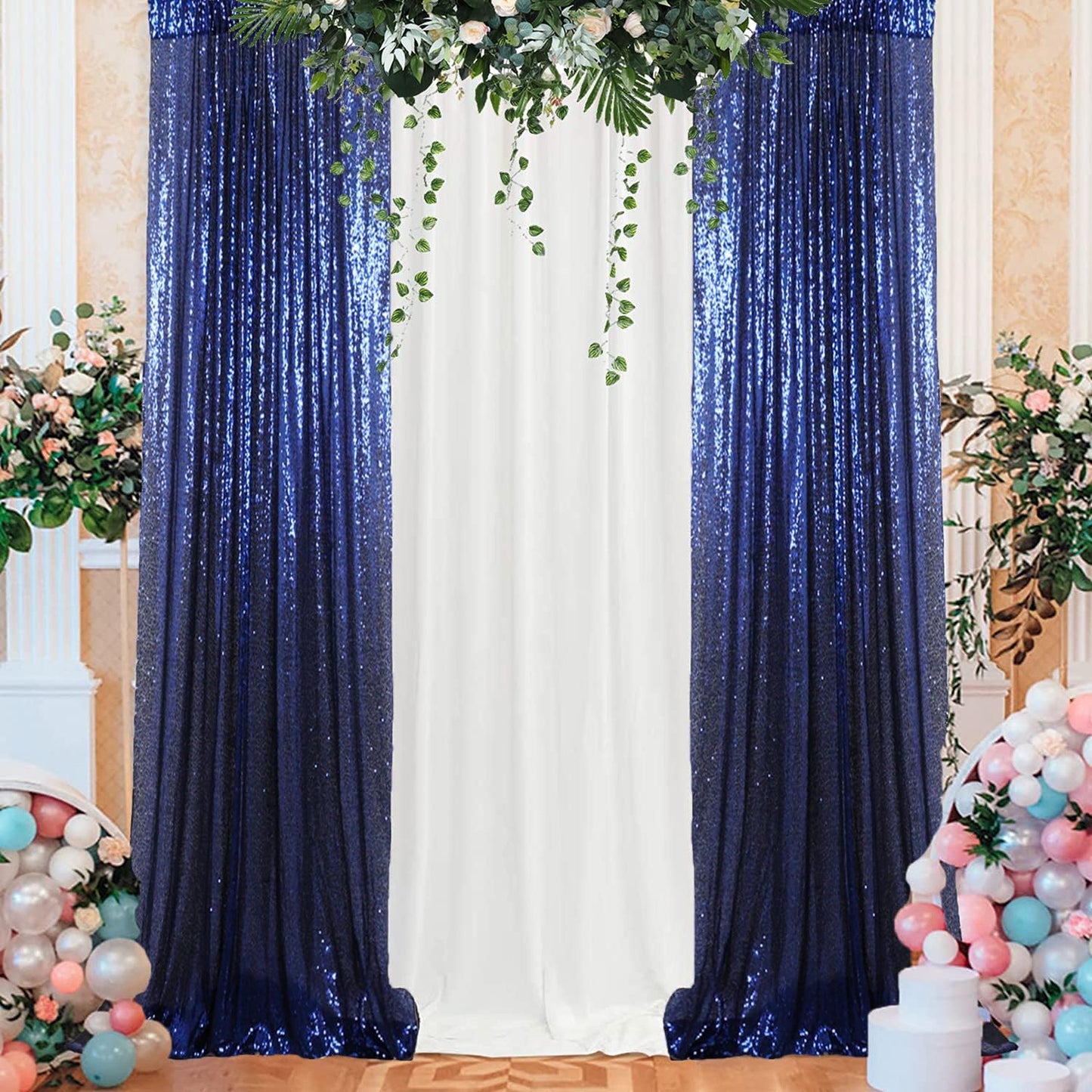 ShinyBeauty 4x10ft Navy Blue Sequin Photo Backdrop – 2 Pack Glitter Curtains for Wedding Photography, Party Decor, Studio Background (High-Reflective Sparkle, Portable & Lightweight)