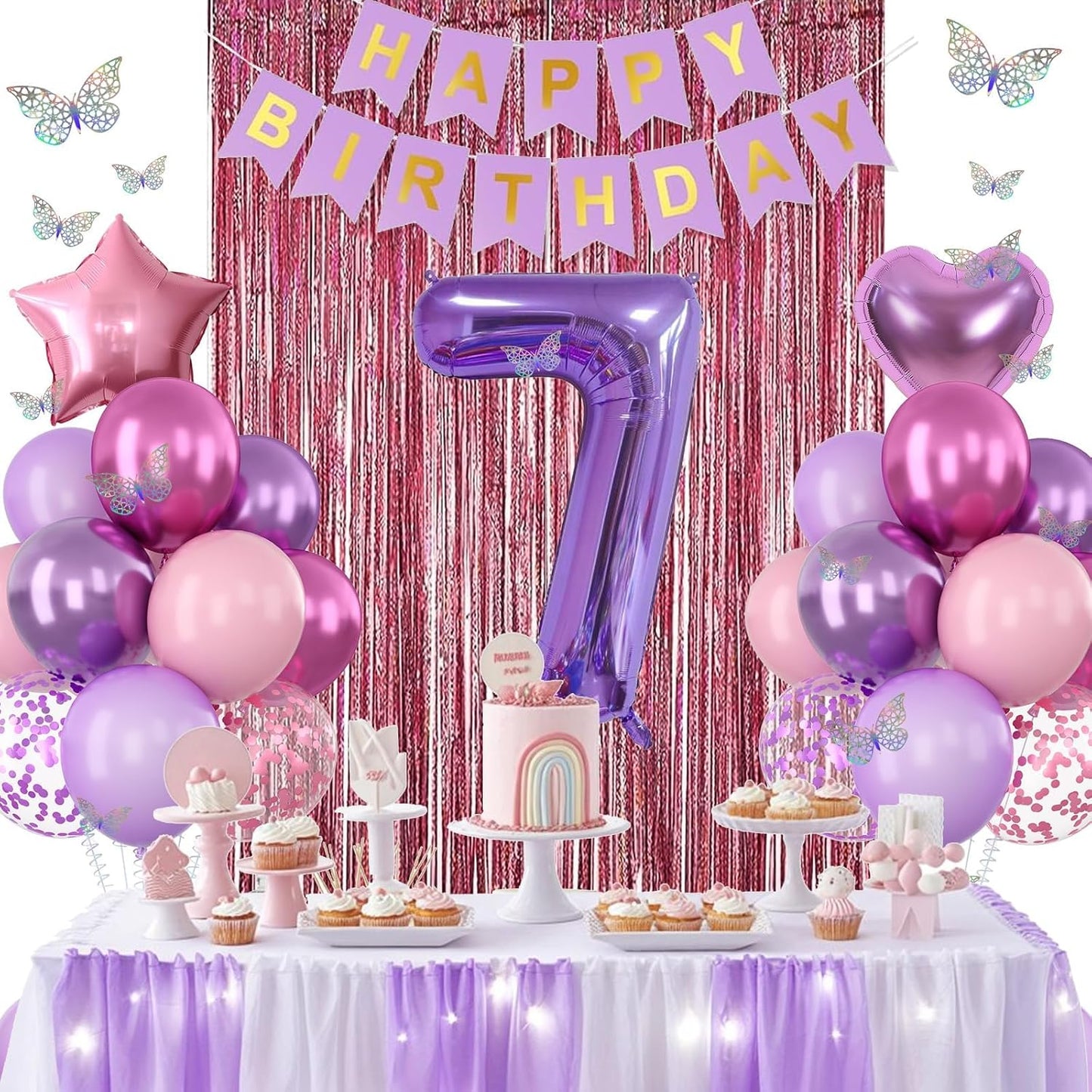 Pink Purple 7th Birthday Party Decorations for Girls Number 7 Balloon Happy Birthday Banner Butterfly Stickers Fringe Curtain Paper Pom Poms Metallic Hot Pink Star Foil Balloons 7 Year Old Princess
