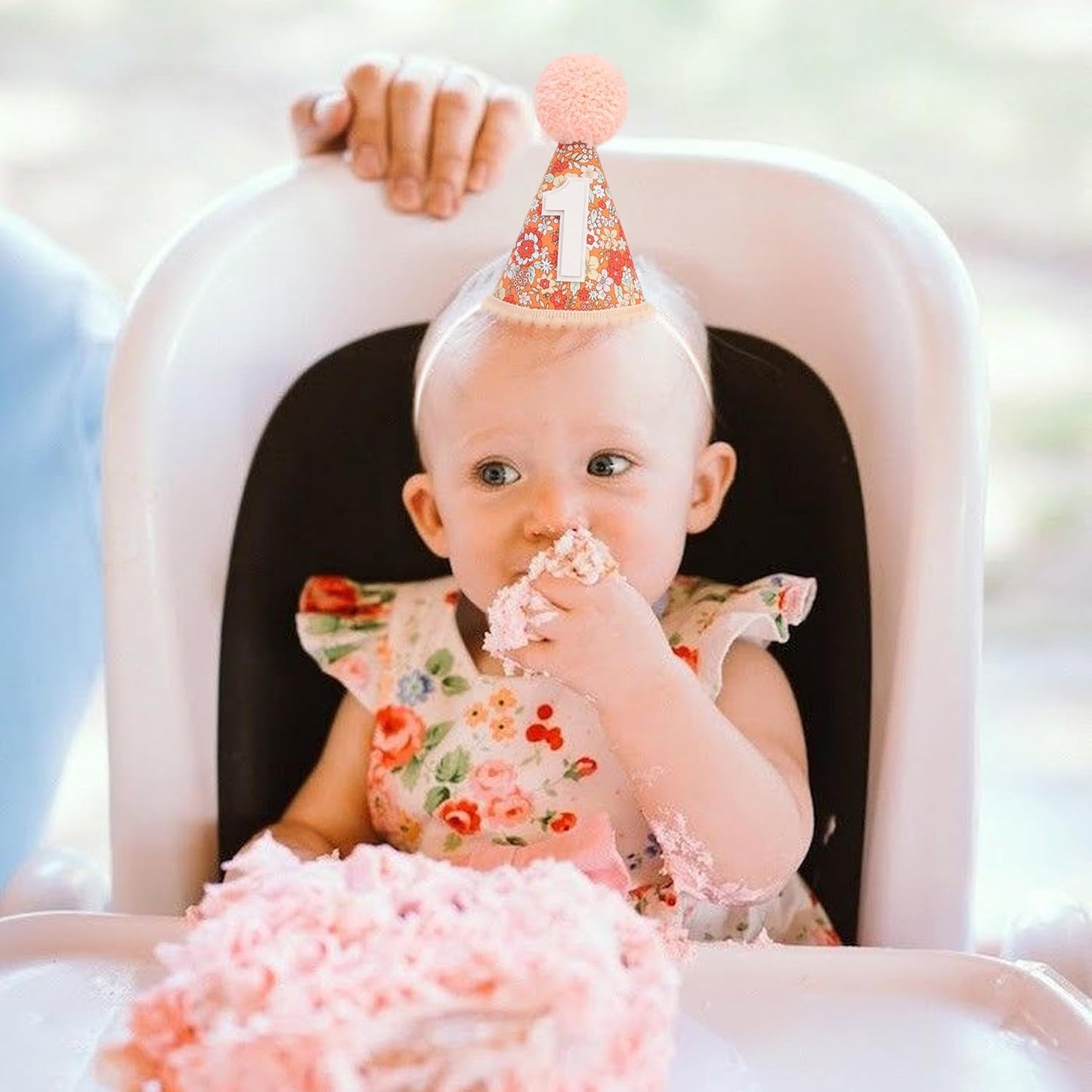 WAUAO Floral 1st Birthday Hat - Colorful Flower Cone Hat for Girls & Boys, First Birthday Crown, Party Photo Prop