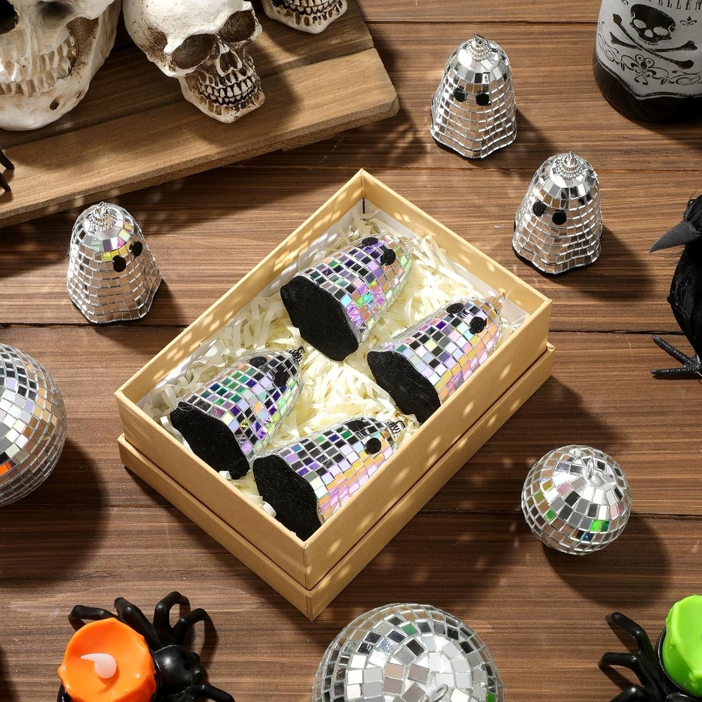 12 Pcs Halloween Disco Ghosts Decor Halloween Ornament Silver Mirror Disco Skeleton Tabletop Centerpiece for Holiday Cosplay Home Props Gift Party Decorations (Sliver)