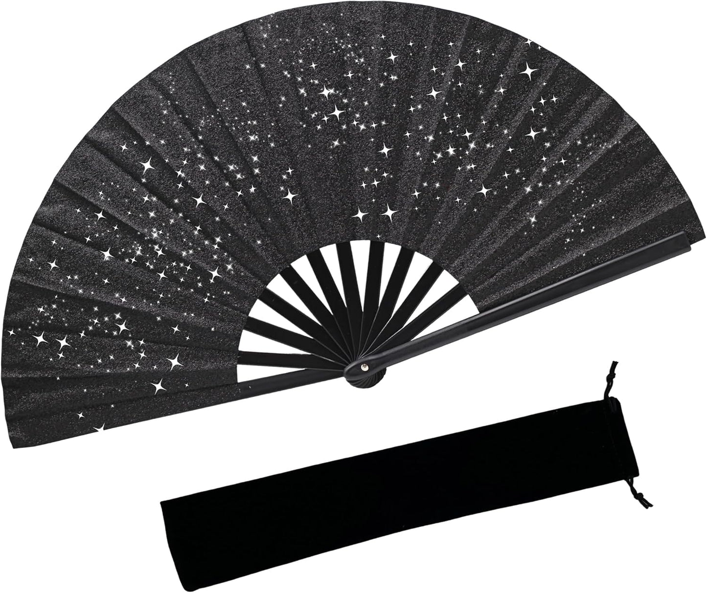 Glitter bling Large Folding Fan-Hand Fan Rave Clack Popping Fan for Line Dancing Clacking Fans for Boots On The Ground Dance, Party for EDM, Music Festival, Hot Flashes, Party, Decoration(1pcs black)