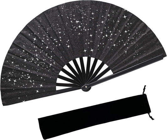 Glitter bling Large Folding Fan-Hand Fan Rave Clack Popping Fan for Line Dancing Clacking Fans for Boots On The Ground Dance, Party for EDM, Music Festival, Hot Flashes, Party, Decoration(1pcs black)