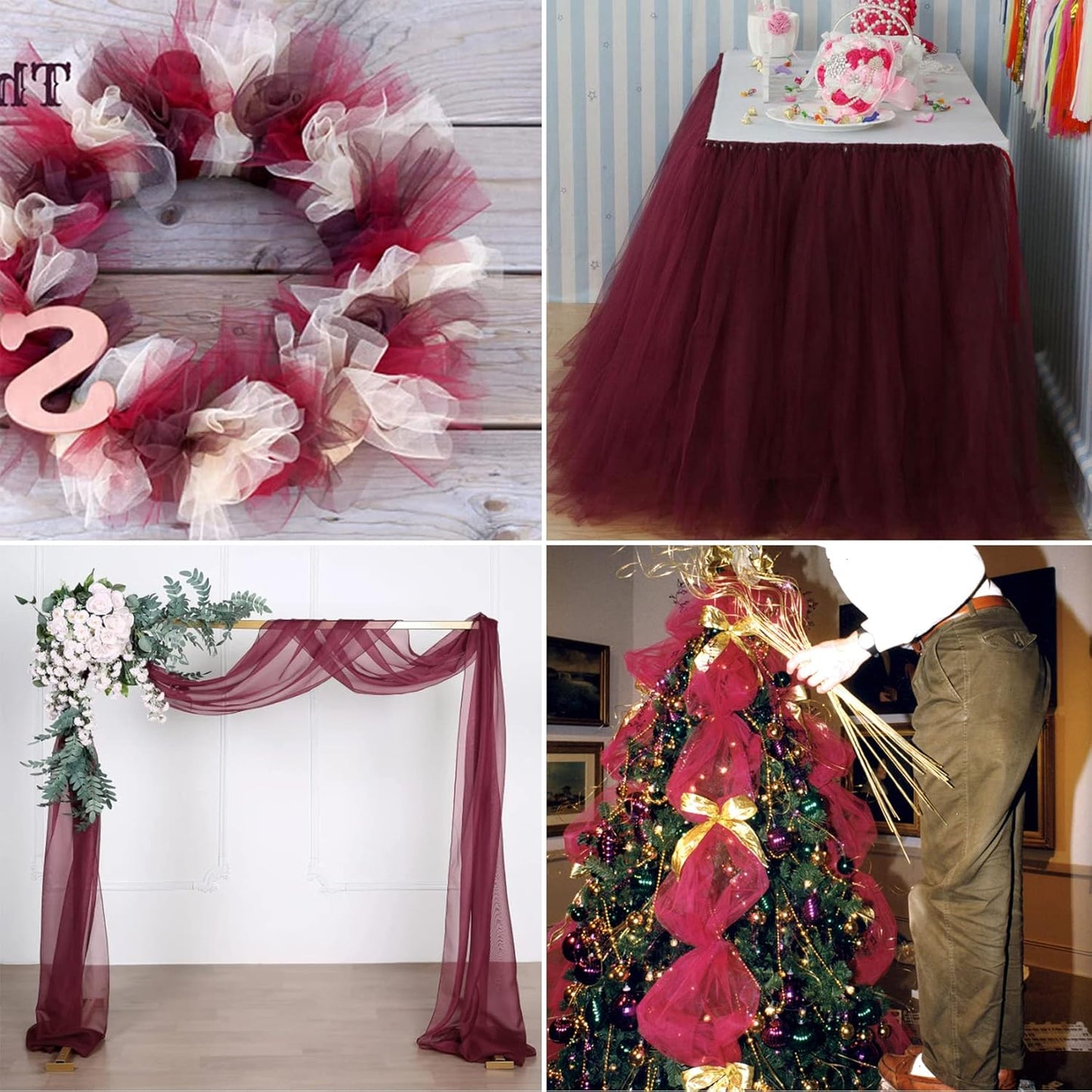 Burgundy Tulle Fabric Rolls 54 Inch by 40 Yards Tulle Bolt Spool for Wedding Decorations DIY Tutu Baby Shower Table Skirt Ceiling Decor Birthday Party Craft Supplies