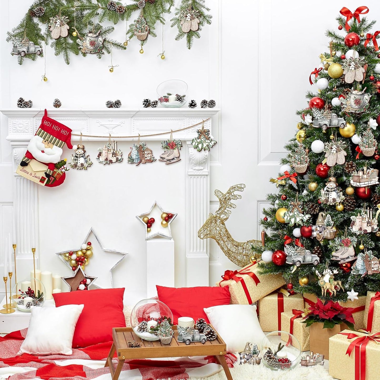 Suzile 36 Pcs Christmas Wooden Ornaments Vintage Christmas Tree Ornaments Xmas Decorations for Tree Wreaths Xmas Hanging Wood Cutouts Decor for Home Winter Party