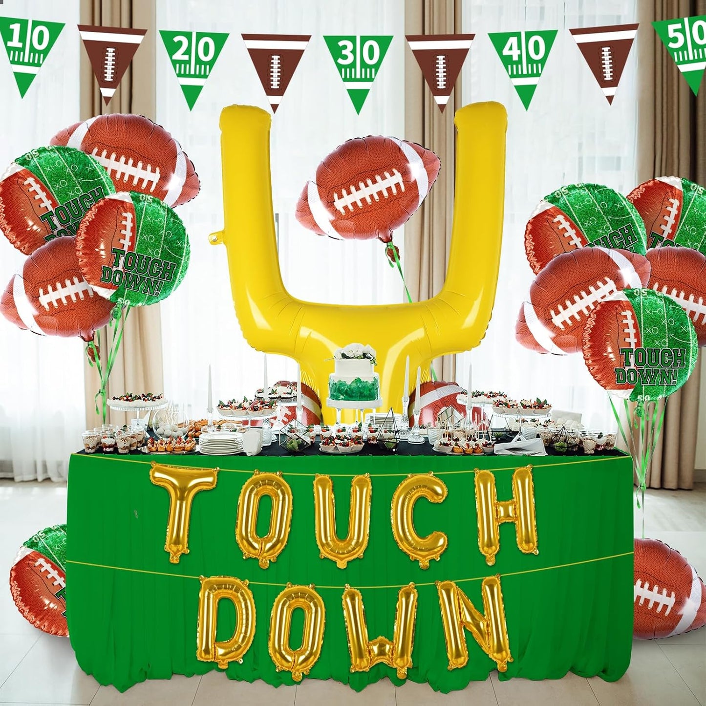 Football Party Supplies Kit - Touchdown Letter Balloon, Goal Post & Football Shaped Foil Balloons, Round 'Touchdown!' Foil Balloons, and Banner for Birthday, Game day, Tailgate Party Decorations