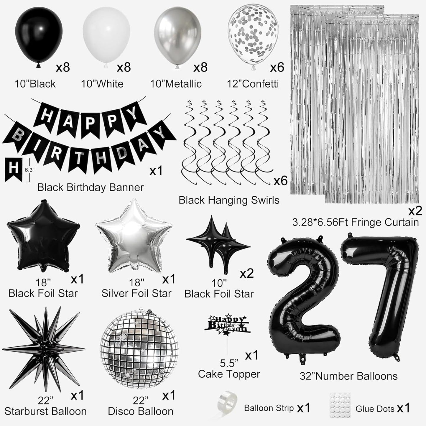 27th Birthday Decorations for Men Women, Black Silver Happy Birthday Party Decorations， 27 Year Old Party Supplies with Number 27 Balloons, Banner, Fringe Curtains Kit