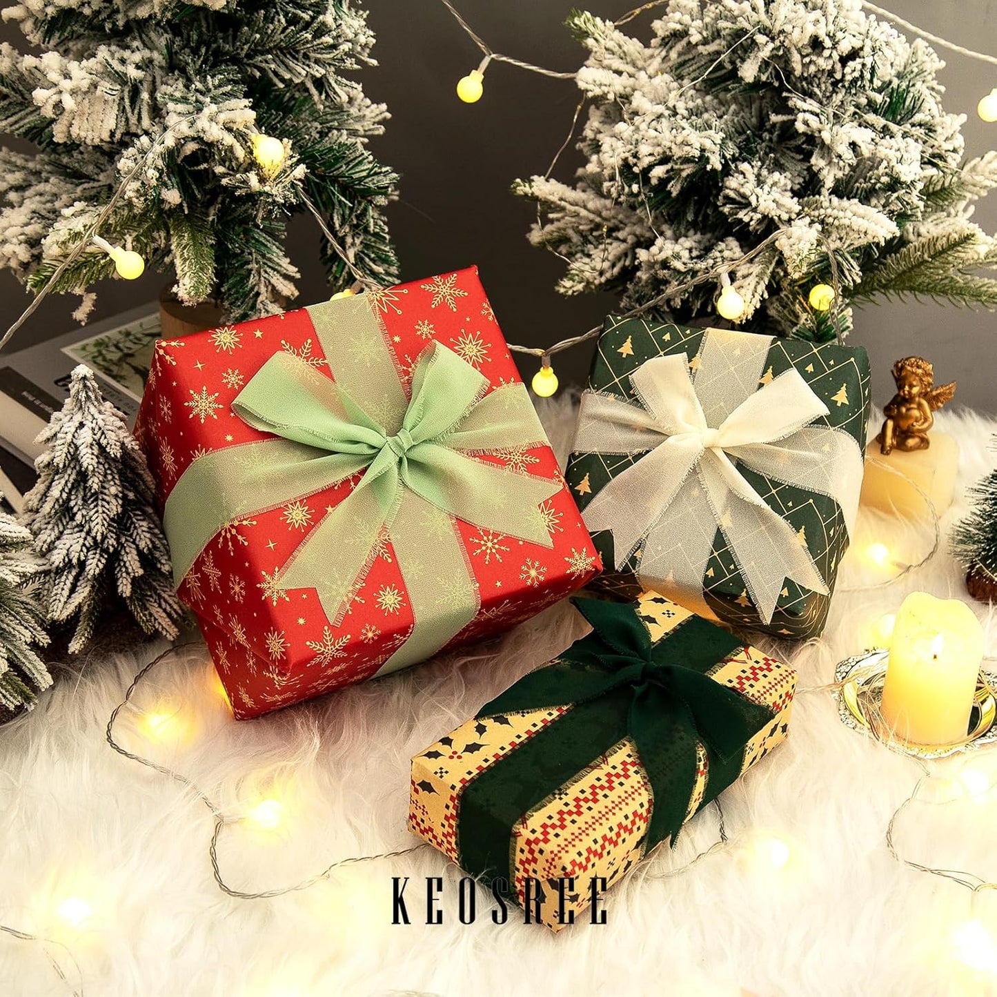 3 Rolls Cream White & Sage Green Handmade Chiffon Ribbon,1.5" x 21Yd Frayed Fringe Silk Ribbons (3 Rolls *7Yd) for Gifts Wrapping, Wedding Invitations, Bridal Bouquets, Decorations