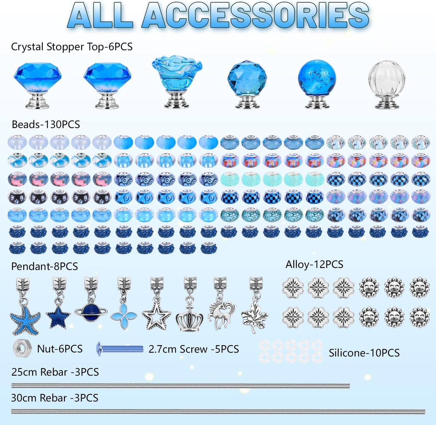 AIPRIDY 158 Pcs DIY Fairy Wand Garden Stakes Kit,Multiple Color Scheme European Beads Crystal Diamond Tops and 12 or 10 Inch Threaded Rods,Stainless Steel Stakes with Diamond Toppe(Sapphire Blue)