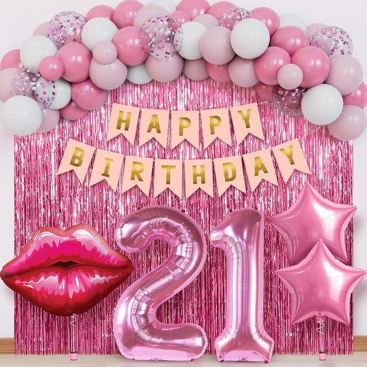 KatchOn, Pink 21st Birthday Decorations Set with Lip & Star Balloons – Pack of 42 | Happy Birthday Banner & Lip Decor | 21st Happy Birthday Decorations for Women, Girls & Her | Pink Party Decorations