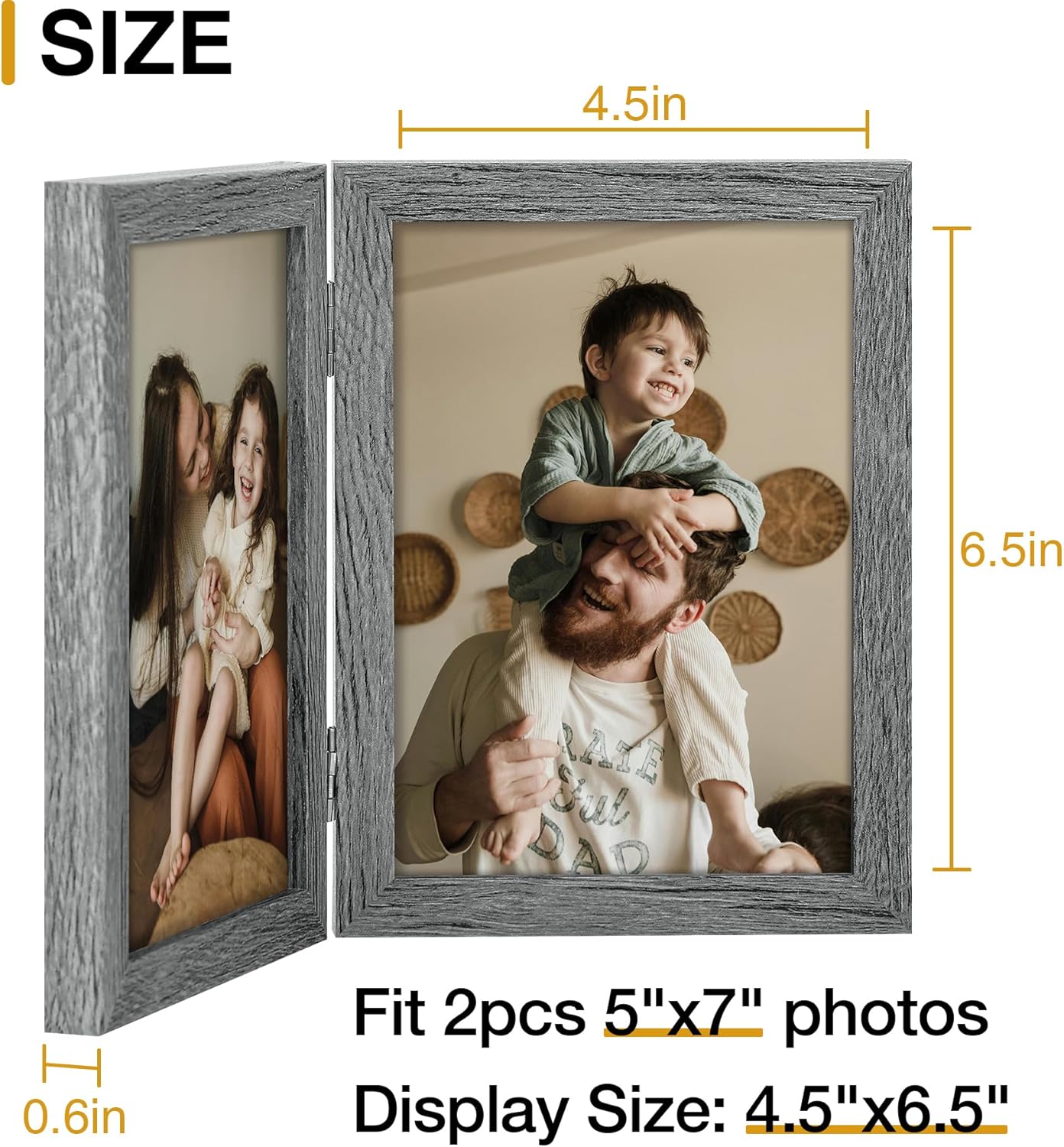 decorUhome Double 5x7 Picture Frame Vertical, Engineered Wood Bifold Photo Frame with Plexiglass for Tabletop Display, 5x7, Grey
