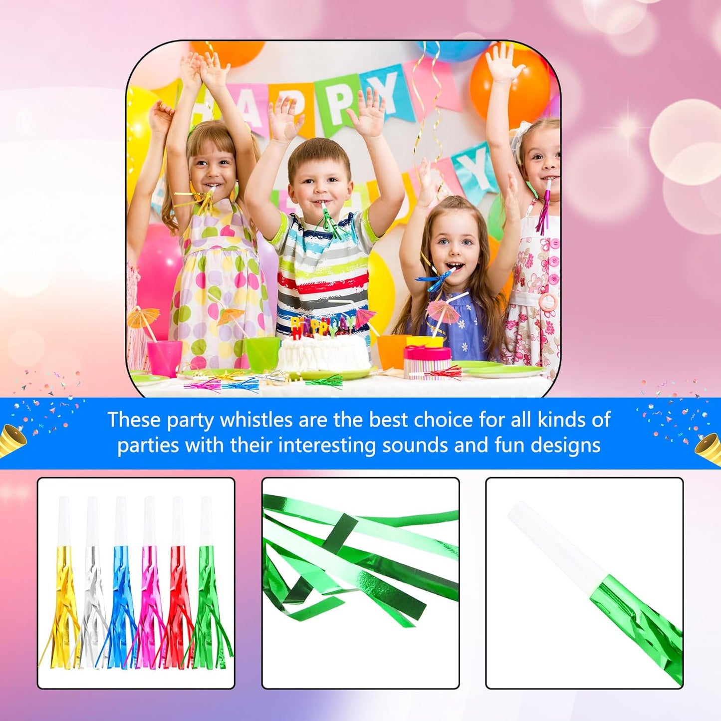 120 Pcs Glitter Bomb Noise Maker Gold Metallic Fringed Squawker Blowouts Silver Musical Blower Whistle for Birthday New Years Party Supplies Sporting Events Graduation (Multicolor Set 1)